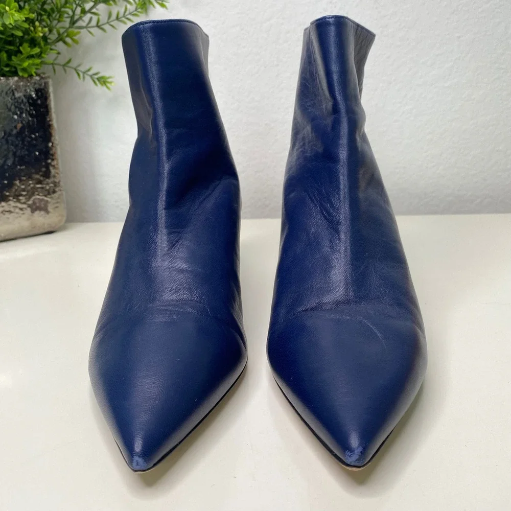 Stuart Weitzman Booties Royal Blue Leather Pointed Toe Kitten Heel Ankle Boots 9